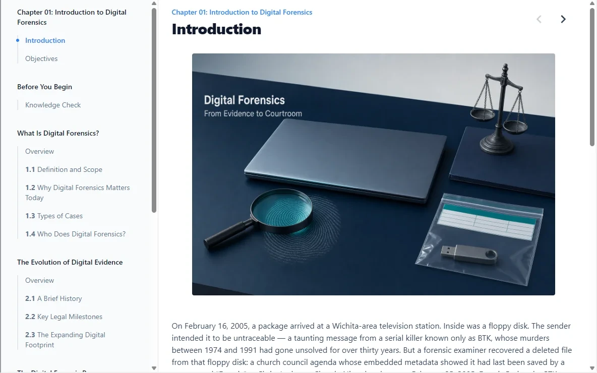 The coursebook in the browser: chapter navigation beside a plain-language introduction that opens with a real case